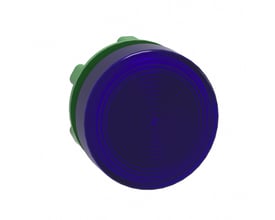 Schneider Electric ZB5 LED lampehoved i blå, 22mm diameter, med grøn base på hvid baggrund.