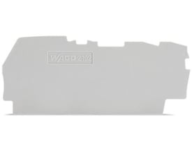 Wago ende- og mellemplade 2102 i grå plast, 0,8 mm tyk, til 3-lederklemmer, monteret på en klar baggrund.