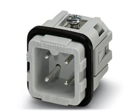 Kontaktindsats HC A03 I-UT-M fra Phoenix Contact, en han-indsats med 4 poler og D7 størrelse, set fra en let skrå vinkel.