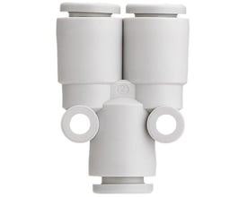 Grå Y-connector med 6 mm diameter og PTFE-belægning, med et cirkulært mærke med tallet '2' i midten.