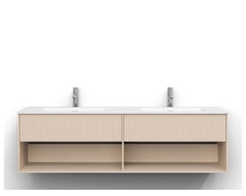 Svedbergs Epos svall underskab i hvid ask, 159 x 45 cm, set forfra med dobbeltvask, to skuffefronter og åbne rum under.