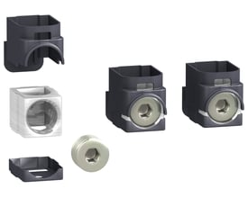 Komplet Schneider Electric klemmesæt til 25-95mm2 kabler, vist med alle dele, herunder plastikbeslag og metalterminaler.