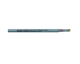 Grå Lapp Olflex 150 CY kabel 3G2,5 med sølvskærm og CE-mærkning, viser ledningerne indeni.