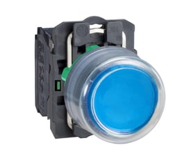 Schneider Electric Harmony Style 5 trykknap, blå med klar silikonekappe og 1NO kontakt, IP69K klassificeret.