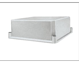 Gråt polycarbonatlåg fra Schneider Electric, 270x270x45 mm, set skråt fra venstre forfra, med synlige monteringsfødder.