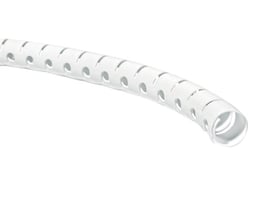 Nærbillede af hvid HellermannTyton spiralslange HWPP, der viser dens fleksible design og perforerede overflade med en indvendig diameter på 18-21mm.