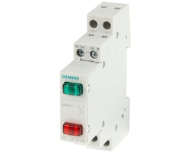 Siemens signallampe med rød og grøn lampe på 230V, designet til DIN-skinne montering.
