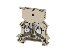 Beige Weidmüller sikringsklemme WSI 6/2 set skråt, med synlige metalterminaler og åbent indre.