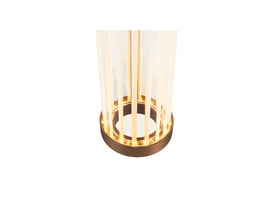 Detalje af SLV QUIMERA WL væglampens base i mat mørk kobber med lysstofrør og glascylinder.