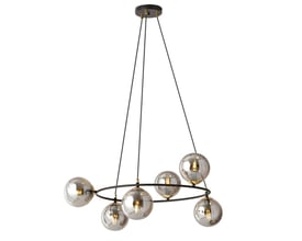 Azura 6 pendellampe i sort/grafit med seks røgfarvede glasbobler og et rundt sort metalophæng.