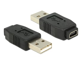 DeLock sort USB 2.0 adapter, der forbinder USB A han til mini USB B 5-pin hun for fleksible enhedstilslutninger.