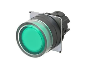 Omron A22NZ-BGM-TGA trykknap med transparent grøn hætte og 22mm diameter, monteret på hvid baggrund.