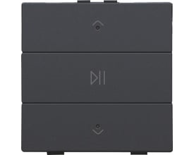Niko audio tryk i antracit med LED-indikator og play/pause symbol. Viser tre knapper med pile op og ned samt et play/pause symbol.