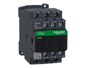 Schneider Electric TeSys D kontrolrelæ med 5NO kontakter og 220V DC spole, monteret på en mørkegrå base med tydelige mærkningsdetaljer.