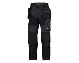 Bagfra billede af Snickers Workwear arbejdsbukser 6902 i sort, str. 160, med dialoglommer og Cordura forstærkninger på knæ og bagdel.