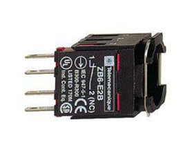Schneider Electric kontaktdel med 1 bryder, model ZB6Z2B, vist med loddepin-stik og certificeringsmærker som UL og CE.