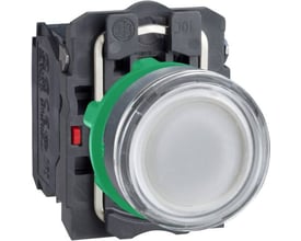 Schneider Electric XB5AW31M5 komplet lampetryk i hvid med grøn ring og klar trykknap, vist fra fronten.