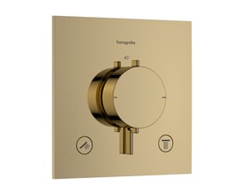 Hansgrohe Ecostat Comfort E termostatarmatur i poleret guld-optik med to grebsbetjening og 40°C symbol.