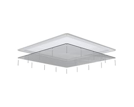 Ansell Lighting ARX anti-ligatur indbygningsramme til 600x600 panel, vist med beslag og skruer.
