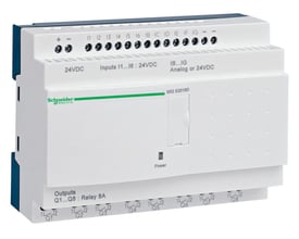 Schneider Electric Zelio intelligent relæ med 12 indgange og 8 udgange, 24VDC forsyning og integreret ur uden display.