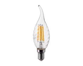 V-TAC E14 LED-flammepære på 4 W med klar, snoet kerteform og synlige kultrådsfilamenter.