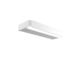 Svedbergs LED-belysning til skab i mathvid, 60 x 7 x 20 cm, set skråt nedefra med den lange lysflade synlig.