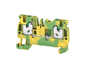 Nærbillede af Weidmüller AS2C 2.5 PE gennemgangsklemme, viser gul/grøn snap-in design og metal kontakter.