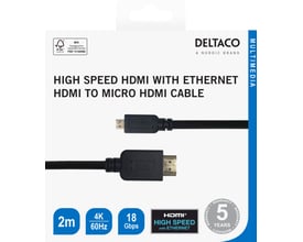 Deltaco sort HDMI til micro HDMI-kabel på 2 meter vist på emballagen med stik og oplysninger om 4K og 18 Gbps.