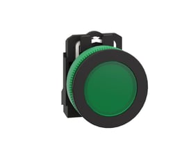 Nærbillede af Schneider Electric grøn signallampe, viser den runde linse og den sorte ramme samt monteringsclipsen.