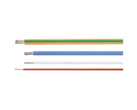Fire forskellige monteringsledninger, herunder en gul/grøn, en blå, en hvid og en rød, alle med fortinnet kobberleder.