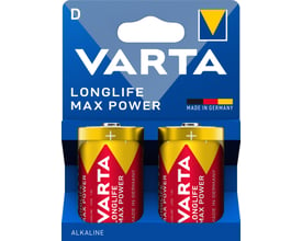Varta Longlife Max Power D-alkalibatterier i 2-pak på blå emballage med gule og røde batterier.