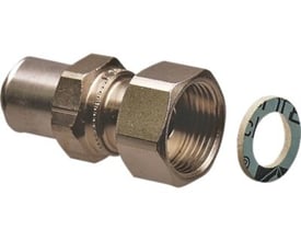 Uponor Unipipe preskobling i messing med 25mm pres-ende og 3/4" udvendigt gevind, samt en pakning.