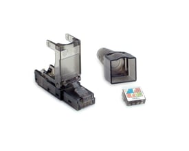 Værktøjsløs K6A UTP modular plug, bestående af stik, kabelføringshus og farvekodet indsats med numrene 1-8.