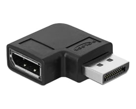 Delock 90 graders vinklet DisplayPort 1.4 adapter, sort, med han-til-hun konnektorer og understøttelse af 8K 60Hz.