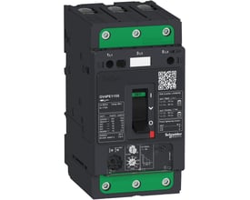 Schneider Electric TeSys GV4PE 115A motorværn set fra siden, med fokus på EverLink terminaler og indstillingsmuligheder.