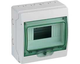Schneider Electric Kaedra IP65 kapsling i hvid plast med mørkegrøn, gennemsigtig låge til 8 moduler.