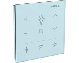 Vægkontrolpanel fra Geberit i hvid glasoverflade med ikoner for vand, varme, føn og brugerindstillinger.