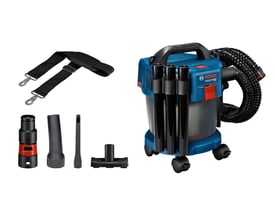 Bosch GAS 18V-10L Professional støvsuger vist fra siden med tilbehør, inklusiv monteret sugeslange og skulderstrop.