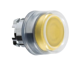 Schneider Electric Harmony Style 4 gul trykknap med gennemsigtig kappe og poleret metalgevind, set fra siden.