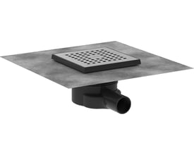 Hansgrohe afløbsskål i børstet stål med 40mm vandret udløb og 150x150mm risteplade, vist fra siden.