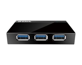 D-Link DUB-1340 USB-hub med fire USB 3.0-porte; tre blå Type-A-stik ses langs forkanten.