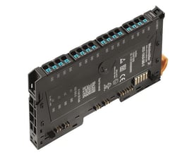 Weidmüller Distributionsmodul UR20-16AUX-GND-O i sort plast med blå klemmer og tydelige mærkninger.