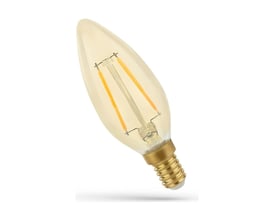 SpectrumLED LED-pære med C35-form, ravfarvet glas, synlige LED-filamenter og E14-fatning.