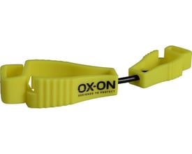 Gul OX-ON handskeholder i plastik med logo, designet til at klipse fast på arbejdstøj for nem opbevaring af handsker.