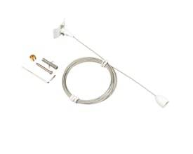 Scan Products Mita 1F wiresæt, 3 meter, hvid, vist med diverse monteringsdele og et oprullet stålkabel på hvid baggrund.