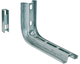 Konsol Omega SO til 100mm gitterbakker i elforzinket stål. Viser konsollen og en medfølgende monteringsklips.