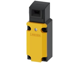 Siemens sikkerhedsendestop med separat aktuator, metalhus og gul front. Produktet er IP66/67 klassificeret.
