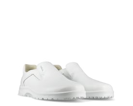 Sika Footwear Fusion hyttesko i hvid, str. 45, fremstillet af åndbart Permair læder med skridhæmmende ydersål.