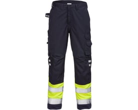 Kansas Fristads Flamestat Hi-Vis bukser i gul og marineblå, størrelse D100, med reflekterende striber og lommer.