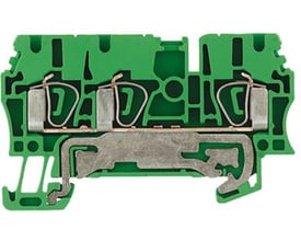 Nærbillede af Weidmüller Jordklemme ZPE 2,5/3AN, viser de indvendige fjederterminaler og forbindelsespunkter.